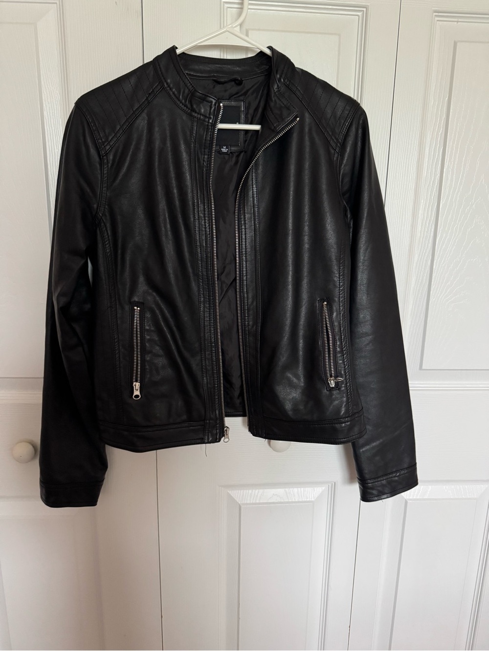 Me Jane Black Faux Leather Moto Jacket with Quilted Shoulders